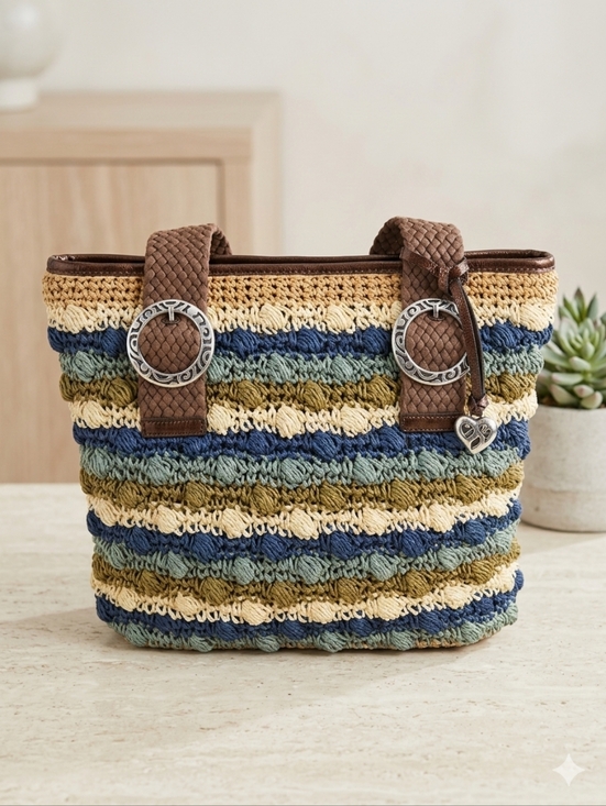 Brighton Handbags - Brighton Woven Striped Crochet Tote Bag in Blue, Green & Cream